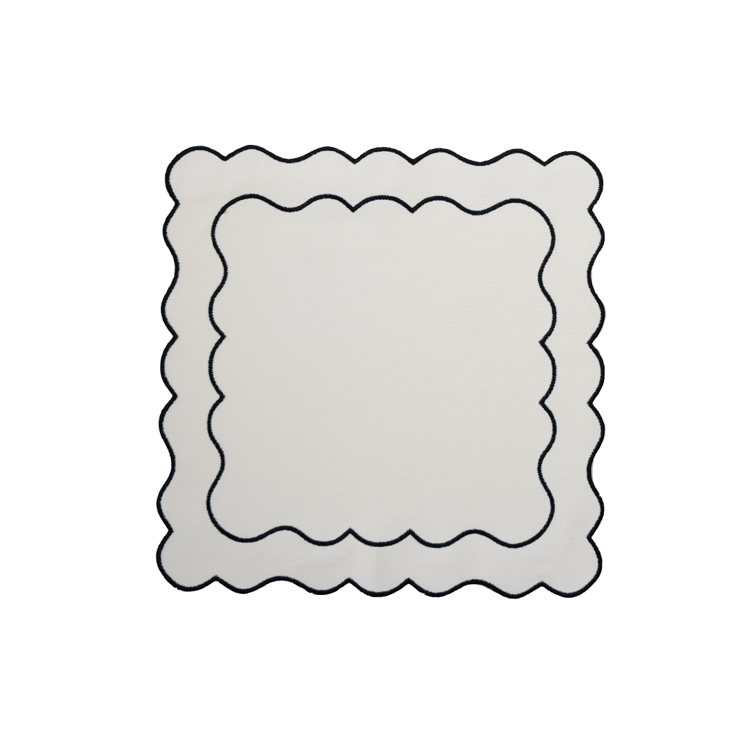 SİYAH ÇİFT SIRA PİKOLU BEYAZ KETEN PEÇETE