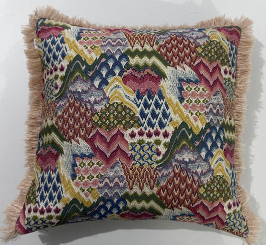 Kırlent/yastık Kılıfı Jakarlı Dokuma pachwork desen krem saçaklı