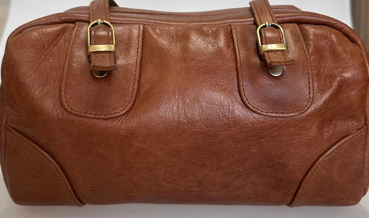 RETRO KAHVERENGİ HAKİKİ DERİ EL VE OMUZ ÇANTASI