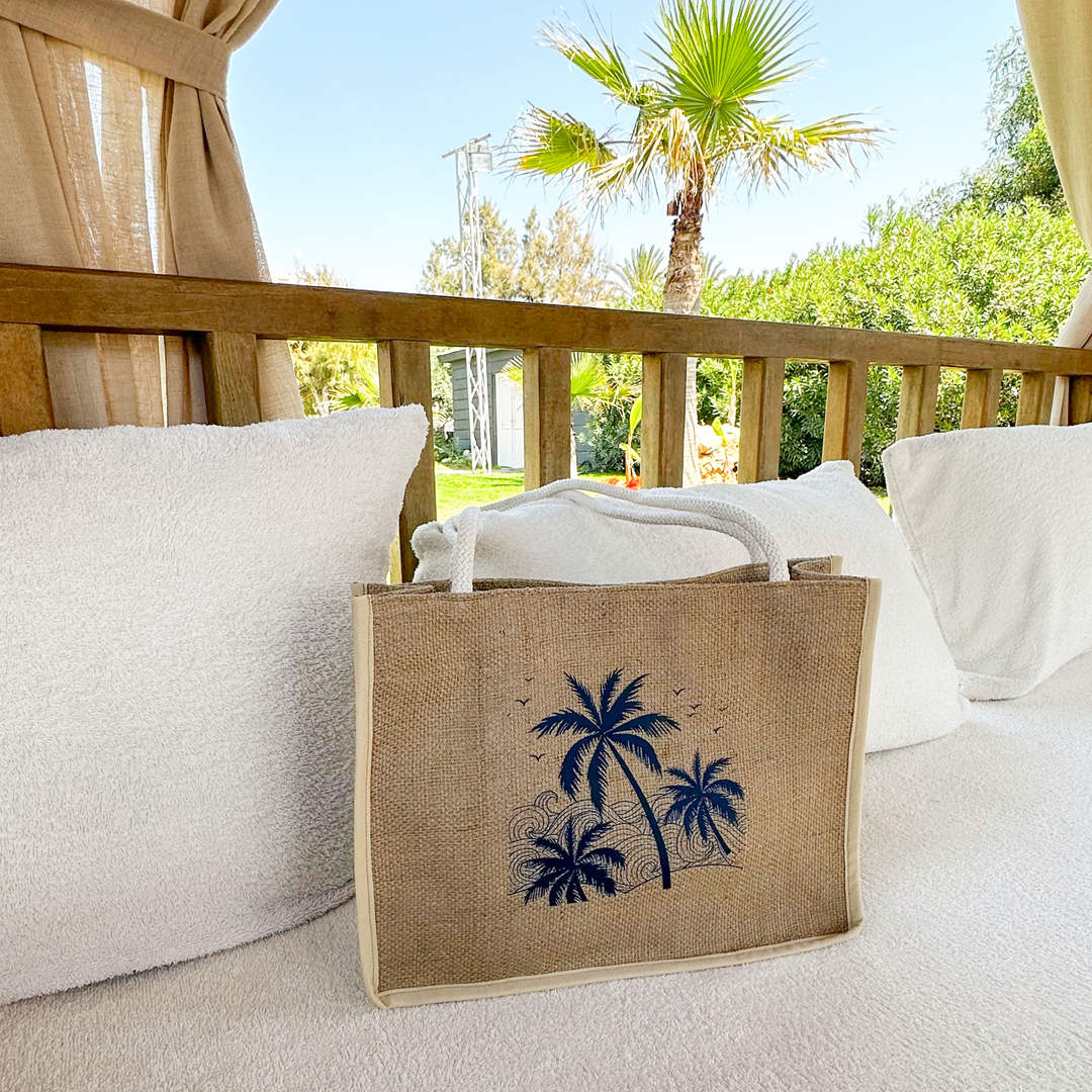 LACİVERT PALMİYE BASKILI JÜT PLAJ ÇANTASI