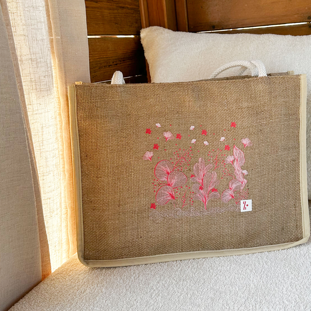 KIRMIZI SAKURA  BASKILI JÜT PLAJ ÇANTASI