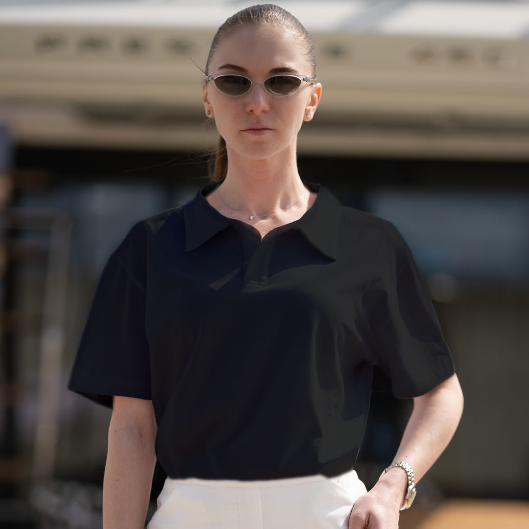 GÖMLEK YAKA KADIN TİŞÖRT SİYAH