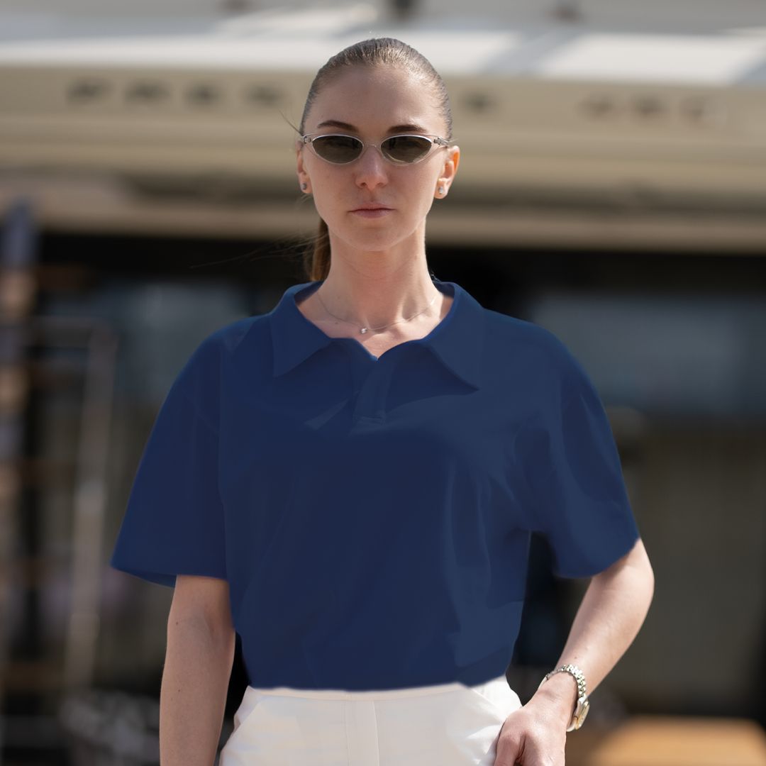 GÖMLEK YAKA KADIN TİŞÖRT LACİVERT