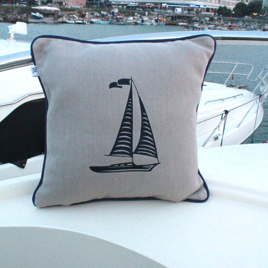 YELKEN NAKIŞLI JAKARLI GRİ KETEN KIRLENT KILIFI