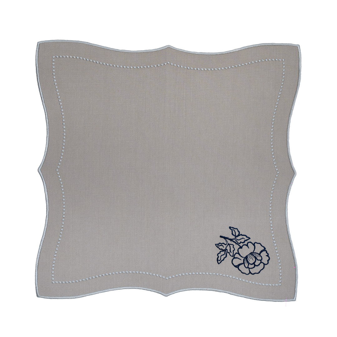 LACİVERT GÜL NAKIŞLI GRİ KETEN PEÇETE