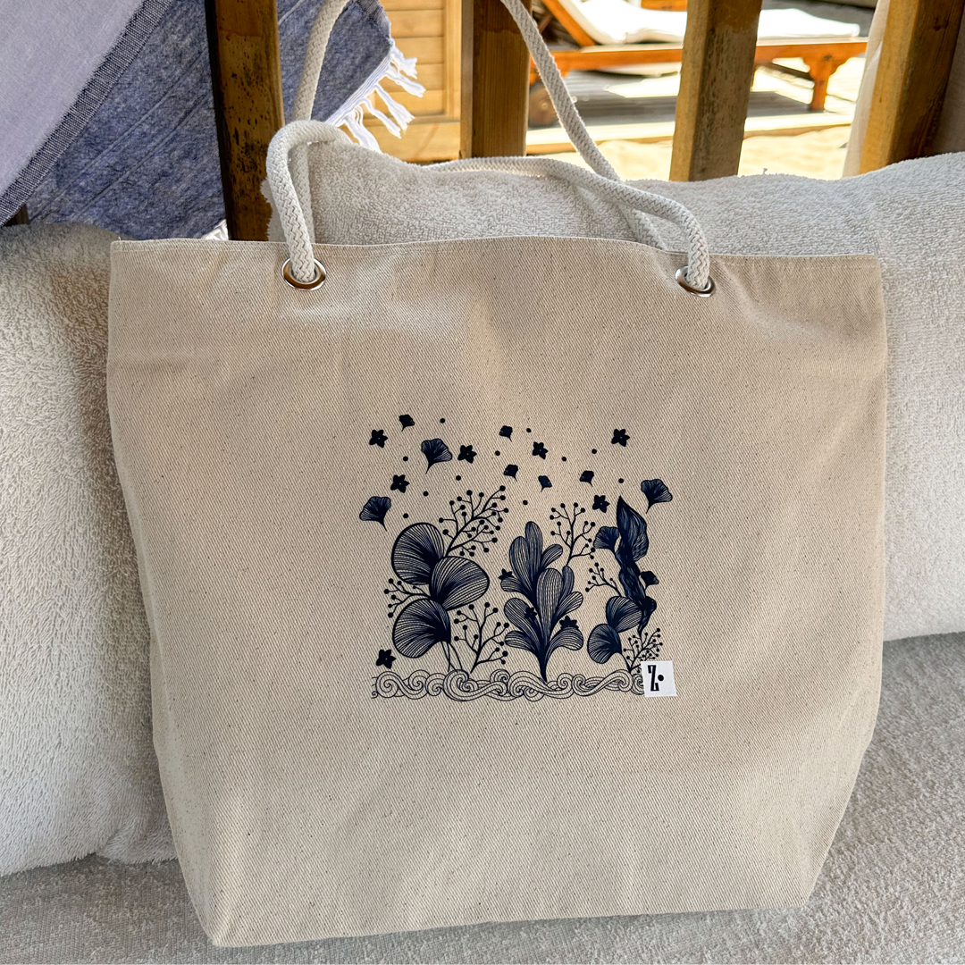 LACİVERT SAKURA BASKILI HAM BEZ PLAJ ÇANTASI