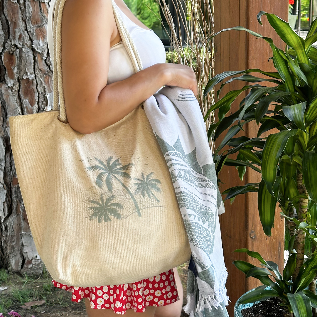 YEŞİL PALMİYE BASKILI HAM BEZ PLAJ ÇANTASI