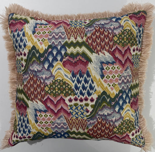 Kırlent/yastık Kılıfı Jakarlı Dokuma pachwork desen krem saçaklı