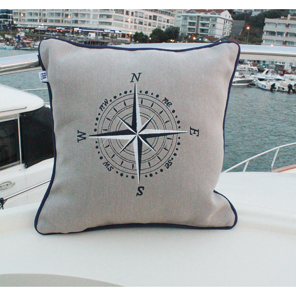 PUSULA  NAKIŞLI JAKARLI GRİ KETEN KIRLENT KILIFI