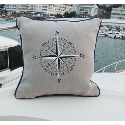 PUSULA  NAKIŞLI JAKARLI GRİ KETEN KIRLENT KILIFI