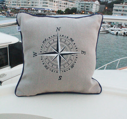 PUSULA  NAKIŞLI JAKARLI GRİ KETEN KIRLENT KILIFI